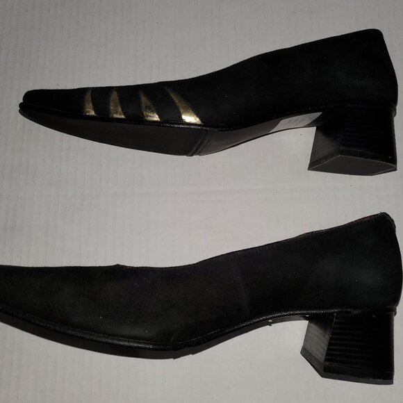 Black Suede Pump w/ Gold Trim, Block Heel, and Square Toe - Picture 5 of 12